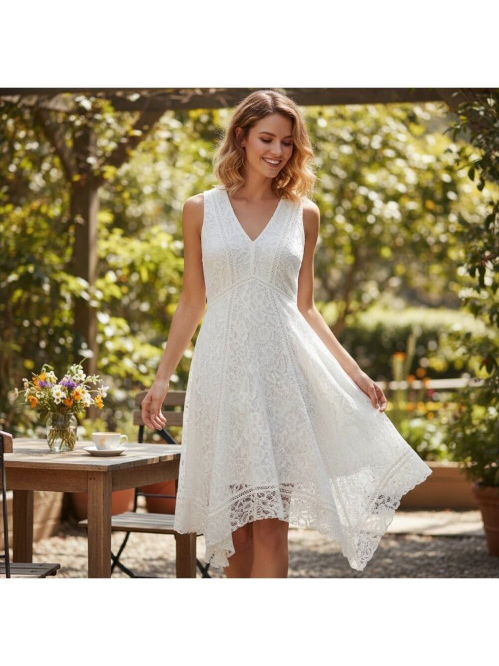 Just Taylor White Lace Sleeveless V-Neck Handkerchief Hem Dress Size 4